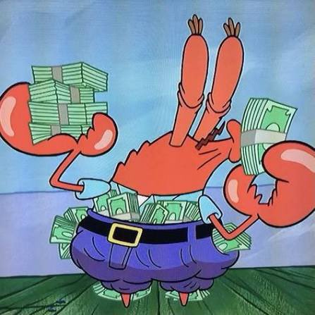 Mr. Krabs from SpongeBob SquarePants is shown holding stacks of cash with money stuffed into his pants pockets, visually representing the "get rich" aspiration mentioned in the post about crypto trader Ansem ($ANSEM), with his greed for money humorously symbolizing the pursuit of profits.