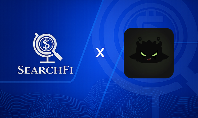 The image displays a collaboration announcement between SearchFi (shown with its magnifying glass logo featuring a dollar sign on the left) and Nibblins (represented by a black creature icon with glowing green eyes on the right), separated by an "X" symbol on a blue background to signify their partnership.