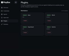 A screenshot of the PayBox “Plugins” marketplace shows four available plugins: Axie, World, Hyperliquid, and Kamino. The interface highlights PayBox’s integration with MoonPay, matching the post thanking MoonPay for its helpful support.