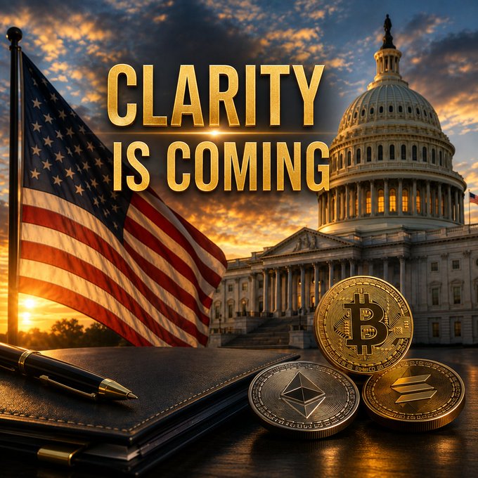 The promotional graphic features the U.S. Capitol building and American flag alongside Bitcoin, Ethereum, and Solana coins, with the bold gold text "CLARITY IS COMING" overlaying a sunset sky—visually reinforcing the post's news about the CLARITY Act and Crypto Market Structure Bill advancing toward a potential Senate vote on September 15.