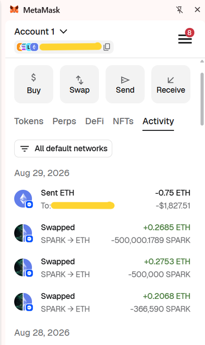 A MetaMask cryptocurrency wallet interface showing Account 1's activity, including a sent transaction of -0.75 ETH (-$1,827.51) on Aug 29, 2026, and three swaps from SPARK to ETH.