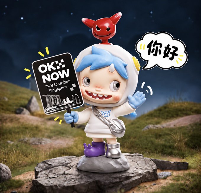 A designer toy figurine of a blue-haired character with a red devil on its head holds a sign reading 'OK NOW 7-8 October Singapore' alongside a speech bubble saying '你好' (Hello in Chinese).