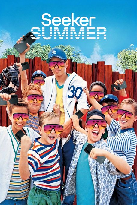 Promotional poster titled 'Seeker SUMMER' featuring a group of young people wearing matching pink-tinted sunglasses and holding smartphones.