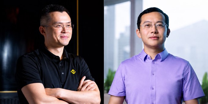Side-by-side professional portraits of two men wearing glasses; one wears a black Binance polo shirt and the other wears a lavender button-up shirt.