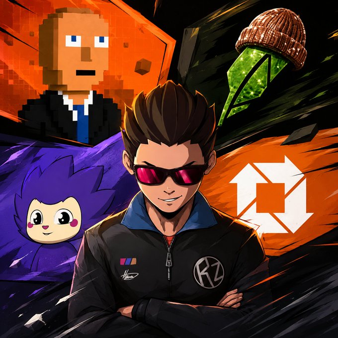 Stylized illustration of a spiky-haired character wearing red sunglasses and an 'RZ' jacket, surrounded by a Minecraft-style avatar, a purple-haired creature, and a glowing green crystal.