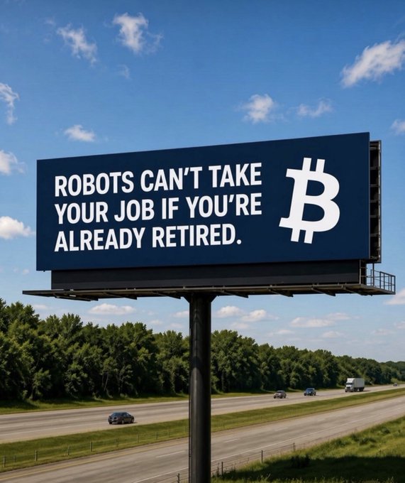 A roadside billboard with the Bitcoin logo and text reading 'ROBOTS CAN'T TAKE YOUR JOB IF YOU'RE ALREADY RETIRED.'