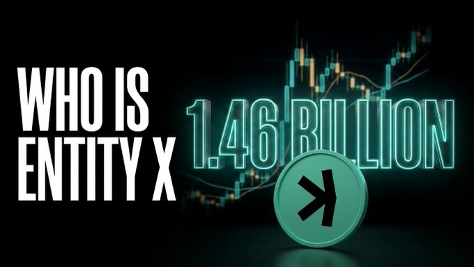 A dark, crypto-themed thumbnail with the bold white text "WHO IS ENTITY X" beside glowing teal lettering that reads "1.46 BILLION," set against a candlestick price chart and a circular Kaspa ($KAS) logo. It visually teases the video's focus on the Toccata hardfork's implications for $KAS and the mysterious Entity X referenced in the post.