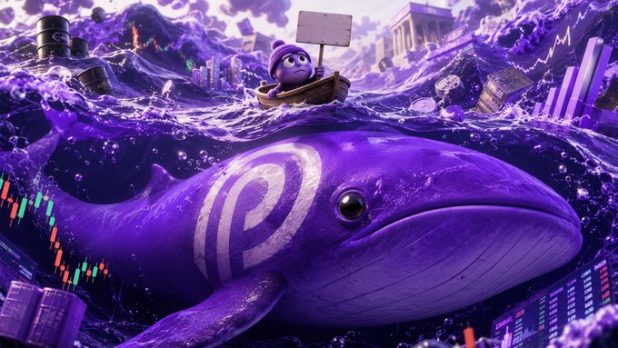 The image features a cartoon purple whale that has a sign attached to its back, which says "day 1: it's just an oracle" followed by the number 1001. The post also references "PYTH". This seems like a playful connection between the actual day of the week (it is Monday) and the content displayed in the image. Additionally, there are three people visible near the edge of the scene who appear to be either riding on or operating boats that float above the whale.