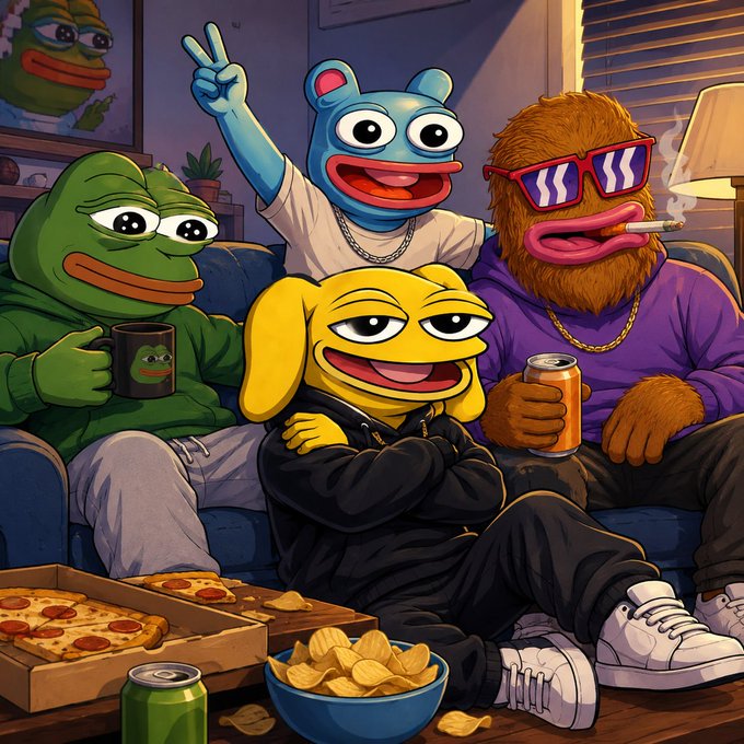 A cartoon illustration depicts Pepe the Frog, a blue frog flashing a peace sign, a brown furry creature wearing sunglasses with a cigarette, and a yellow dog in a black tracksuit relaxing together on a couch with pizza, chips, and soda.