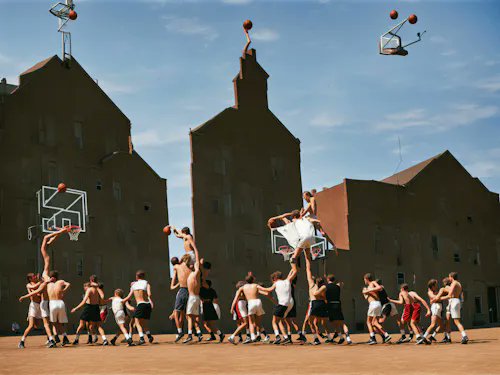 A surreal image shows people playing basketball in front of large industrial buildings, with players and basketballs appearing to float in mid-air.