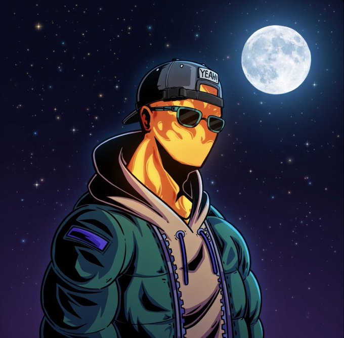 An illustrated character with a fiery orange/yellow flame-patterned face wearing a backwards 'YEAH!' cap, sunglasses, and a teal hoodie, standing against a starry night sky with a full moon.