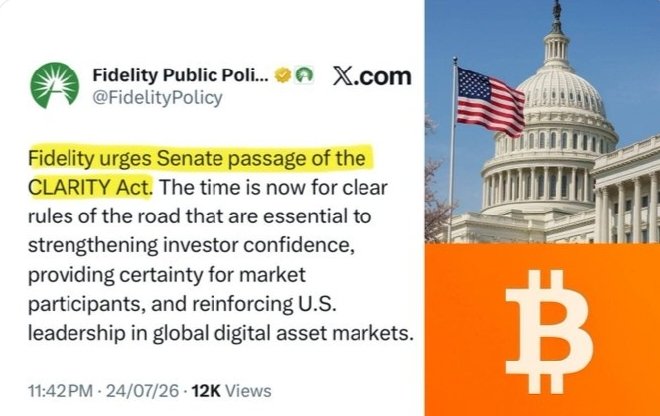 A screenshot of a tweet from Fidelity Public Policy (@FidelityPolicy) posted on 24/07/26 at 11:42 PM with 12K views, urging Senate passage of the "CLARITY Act" for digital asset regulatory clarity, paired with imagery of the U.S. Capitol and a Bitcoin (₿) logo to emphasize the crypto policy stakes.