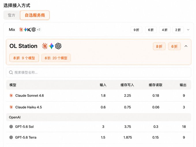 A pricing table showing AI model API access options with Chinese text '选择接入方式' (Choose access method), listing providers like 'OL Station' and 'Mix' with discount tiers (9折/8折/6折/4折/2折), featuring models such as Claude Sonnet 4.6, Claude Haiku 4.5, GPT-5.6 Sol, and GPT-5.6 Terra with their respective input, cache write, cache read, and output pricing.
