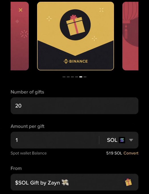 A Binance mobile interface shows a crypto gift interface with 20 gifts set at 1 SOL each (519 SOL spot wallet balance), featuring a yellow envelope icon and a "$SOL Gift by Zayn" sender. The image relates to the post by showcasing a platform giving away free SOL tokens as gifts, aligning with the call to share a Solana wallet.