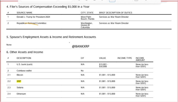 The image shows a section of a federal financial disclosure form listing "Sources of Compensation Exceeding $5,000" for a War Room Director (linked to Donald J. Trump for President 2024 and the Republican National Committee) and "Other Assets and Income," which details crypto holdings including Bitcoin ($1,001–$15,000), XRP ($1,001–$15,000), Solana ($1,001–$15,000), and Ethereum ($1,001–$15,000), all held in a Coinbase wallet. It supports the post by confirming Ian A. Kelley's disclosed XRP position and portfolio of BTC, ETH, SOL, and ADA in his OGE Form 278e New Entrant Report.