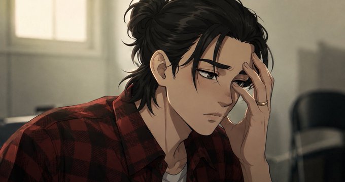 An anime-style illustration of a dark-haired young man in a red flannel shirt pressing his hand to his forehead with a weary, stressed expression, reinforcing the post's theme of feeling overwhelmed by the lofty financial goals listed.