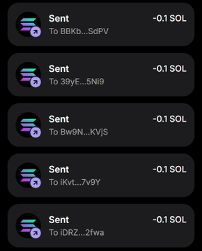 The image displays five transaction records on a dark-themed wallet interface, each showing "Sent" amounts of -0.1 SOL to various wallet addresses (BBKb..., 39yE..., Bw9N..., iKvt..., and iDRZ...). These outgoing transactions visually demonstrate the airdrop campaign, where 0.1 SOL is being distributed to participants who fulfilled the requirements to receive their share.
