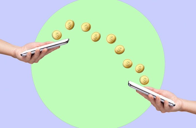 Two hands holding smartphones transfer gold dollar coins between them across a green and purple circular background.