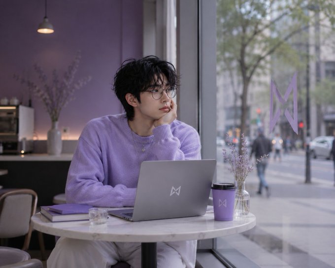 A young man in a lavender sweater sits at a café table with a laptop and matching purple coffee cup, both displaying the "M" logo, gazing out the window at a city street. The pastel purple aesthetic and the "M" branding tie into the "Good morning frens" post, suggesting a stylish, brand-sponsored start to the day.