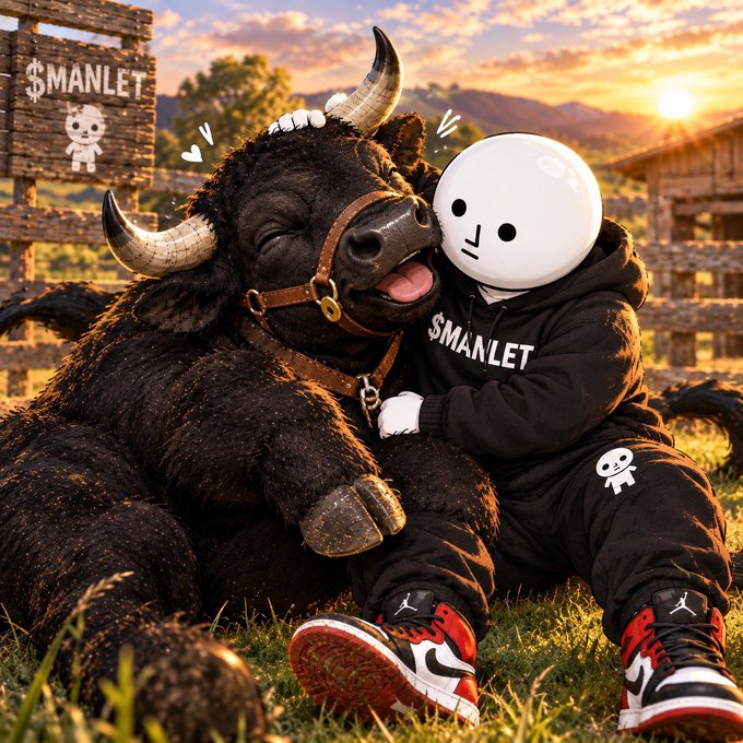 A surreal image of a person in a black "$MANLET" hoodie wearing a white round emoji-style mask, sitting on grass hugging a large black bull, with a sunset and mountains in the background.