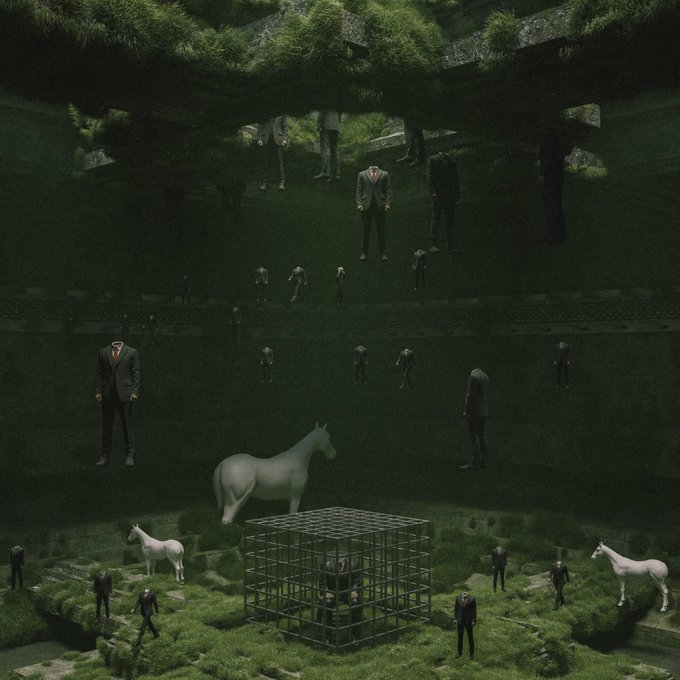 A surreal, dreamlike diorama features faceless figures in suits standing on a tiered green landscape, interspersed with white horses and a central iron cage, evoking an otherworldly and uncanny atmosphere. The haunting, staged scene mirrors the disorienting quality of a vivid dream, where strange symbols and silent figures blend into a mysterious world that feels too surreal to be real.