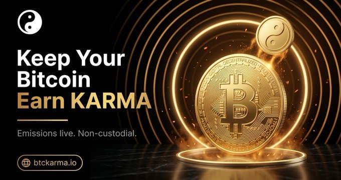 A promotional banner for btckarma.io displaying the text "Keep Your Bitcoin, Earn KARMA — Emissions live. Non-custodial." against a dark background featuring a glowing gold Bitcoin coin and the Karma logo, visually reinforcing the post's message about staking BTC while retaining full custody of assets in your own wallet.
