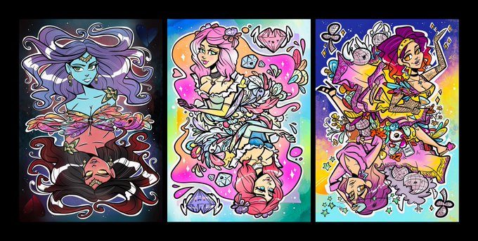 A triptych of colorful, stylized fantasy character illustrations with mirrored or overlapping compositions featuring female figures with elaborate hair and decorative elements.