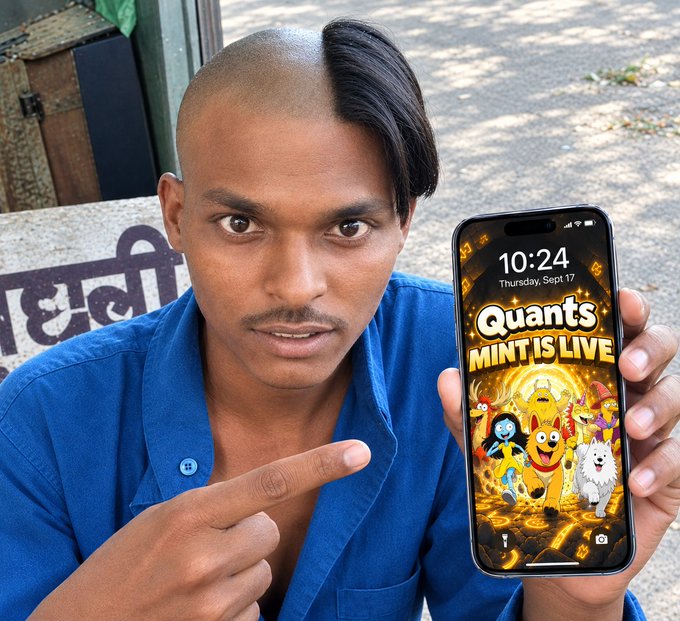 A young man with a half-shaved hairstyle in a blue shirt points to a smartphone screen displaying 'Quants MINT IS LIVE' with cartoon dog mascot characters.