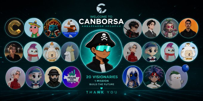 A promotional graphic reading "WELCOME TO CANBORSA AMBASSADOR PROGRAM" featuring a central cartoon character in a pirate hat and sunglasses surrounded by 20 visionaries/avatars.