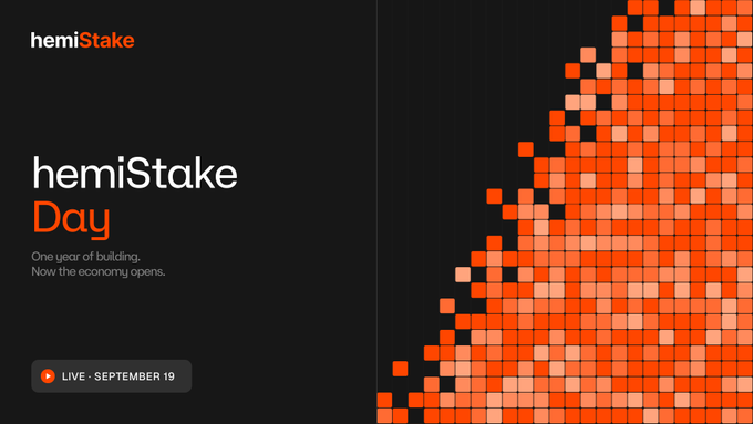 A promotional graphic for 'hemiStake Day' features a black background with orange pixelated blocks on the right, displaying the text 'One year of building. Now the economy opens. LIVE · SEPTEMBER 19.'