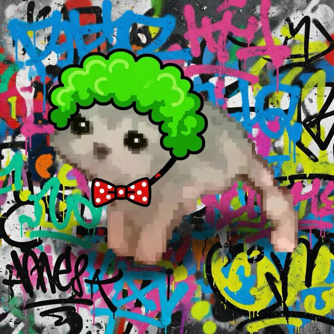 Graffiti-style street art featuring a pixelated figure with bright green curly hair and a red polka-dot bow tie.