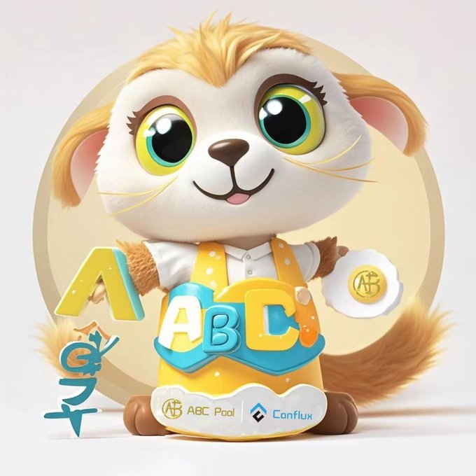 The image features a cute cartoon cat wearing a yellow shirt with blue letters spelling "A" and "B", holding a letter "C" in its paws, and standing next to a round circle with the text "ABC Pool". The caption of the image reads "$ABC Token Airdrop Round $CFX V2 Users: 0.025 $ABC** / 1000 $CFX".