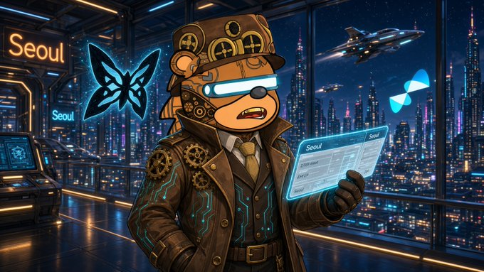 A cyberpunk-style illustration of a bear character wearing goggles and a steampunk cap, standing in a neon-lit cityscape with 'Seoul' neon signs and holding a digital interface panel, with a futuristic spacecraft in the background.