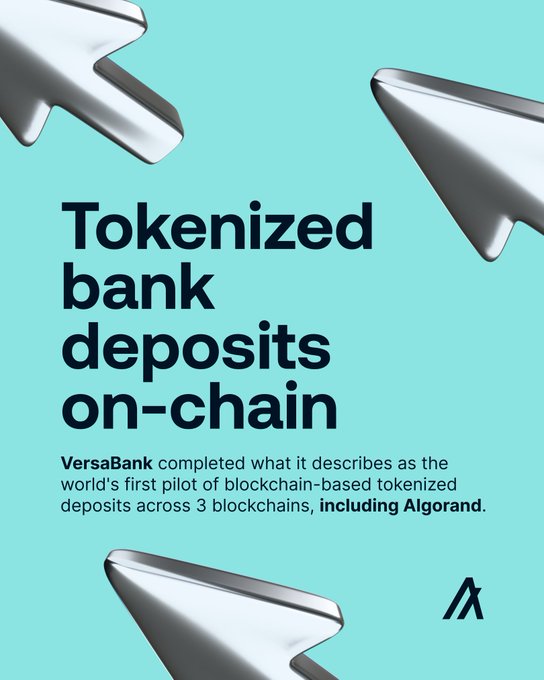 The image features a poster for VersaBank's tokenized bank deposits on-chain. The poster includes three arrows pointing towards the word "tokened" at the top, indicating that the bank has completed its first pilot of tokenized bank deposits on-chain. The text below the arrows states that @Algorand is one of the banks' trusted networks for this type of service.