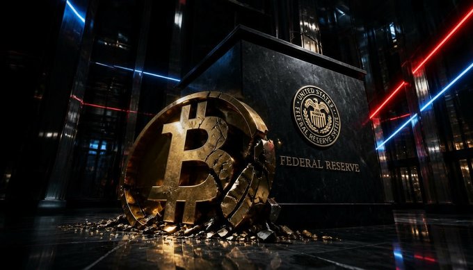 A shattered golden Bitcoin coin lying in pieces in front of a Federal Reserve building, symbolizing a crash or conflict between cryptocurrency and traditional finance.