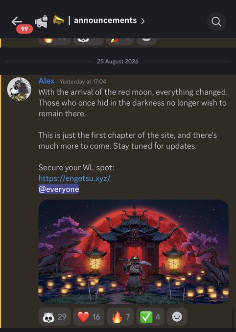 A Discord #announcements post by Alex dated 25 August 2026 announces the arrival of the red moon, the first chapter of the site, and future updates, with a link to engetsu.xyz to secure a whitelist spot and an @everyone mention. An attached fantasy illustration shows a red moon over an East Asian temple and a lone character, while the post relates to the EngetsuNFT whitelist giveaway for the upcoming mint.