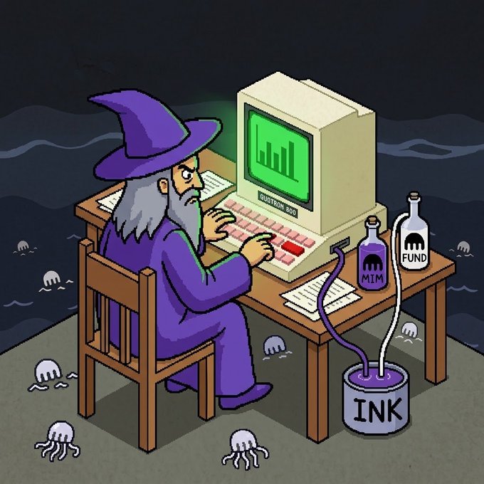 A pixel art illustration of a wizard in purple robes typing on a vintage 'BURTRON 500' computer, with bottles labeled 'MIM' and 'FUND' feeding into a bucket of 'INK'.