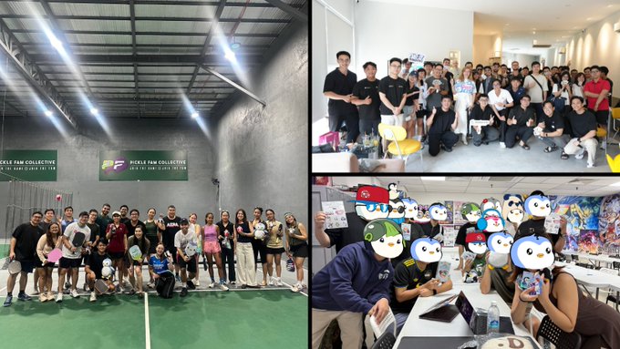 Group photo from the "POKER FAM COLLECTIVE" badminton event, showing members holding up "Happy Birthday" cards and signs in a gym decorated with cartoon mascot overlays, with attendees wearing matching black tees celebrating in cities like the Philippines, Ho Chi Minh, and Singapore ahead of upcoming Seoul, Bangkok, and additional meetups.