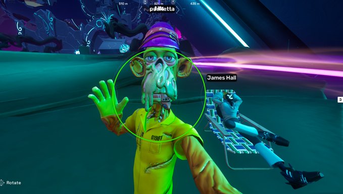 A screenshot from a video game showing an alien-like character in a yellow outfit and purple cap with 'Puglietta' and 'James Hall' labels visible, with a beach chair nearby in a neon-lit environment.