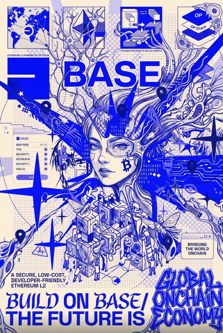 A blue and white illustrated promotional poster for the cryptocurrency blockchain 'BASE' featuring a stylized female face, a Bitcoin symbol, and the text 'BUILD ON BASE! THE FUTURE IS GLOBAL ONCHAIN ECONOMY'.