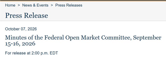 The image shows a Federal Reserve press release header dated October 07, 2026, announcing the "Minutes of the Federal Open Market Committee, September 15-16, 2026," released at 2:00 p.m. EDT. This document is exactly what the accompanying post is analyzing—Fed minutes revealing ongoing inflation concerns and debate over whether to hike rates again before year-end, with speculation focused on the timing of any additional move.