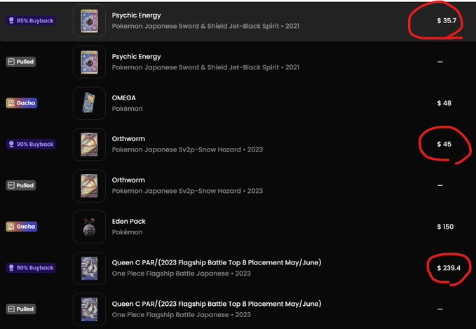 The image features a computer screen displaying a list of Pokemon cards available for sale, including various cards from different Japanese Pokémon characters. The price of these games varies among them, with some listed at $99.99 and others selling for under $50. A red circle is located next to the Pokemon cards labeled "Pearl" in the center of the image. In addition, a number 3 is visible below this circle, indicating the availability of more merchandise related to Pearl.