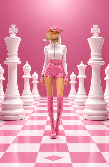 A 3D-rendered figure with a monkey-like face stands on a pink and white chessboard, dressed in a white turtleneck, pink shorts, pink boots, sunglasses, and a beret, surrounded by large white chess pieces.