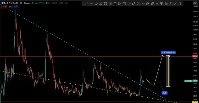 A TradingView candlestick chart of DASH/USDT on Binance shows price action reaching the $59.50 target with a 100% (+204.77%) gain highlighted by yellow and red arrows. The chart includes a descending trendline and current price marker at $39.26, illustrating the successful technical analysis described in the post.