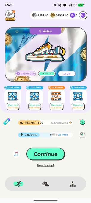 A STEPN game screenshot showing a "Walker" sneaker (Lv 24, 58,161,306 points, 100/100 durability) with four available reward boxes (239h 26min, 215h 24min, 310h 38min, 109h 16min) and energy at 741.76/1800 with 23.67 being analyzed. The image illustrates the poster's frustration: the "漬物石" (pickling stone, slang for MB6) character has returned to occupy a slot again, halting progress toward MB9 after their device overheated and shut down.