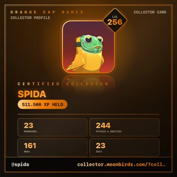 A collector profile card from Orange Cap Games displaying the username "spida" as a Certified Collector at level 256 with 511,500 XP held, showing stats including 23 Hatchlings, 244 NFTs/Identities, 161 Rares, and 23 GIFTS, featuring an avatar of a green frog in a yellow frog suit. The image illustrates the user's initial setup of their collector profile on the new Orange Cap Games platform, which appears to track various collectible NFT assets they hold.