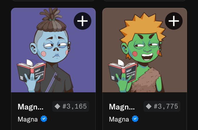 Two cartoon NFT characters from the Magna collection are displayed as profile options with prices of #3,165 and #3,775, both featuring characters reading books titled "NOT ENOUGH NOISE." The image relates to the post by showcasing two Magna NFTs being given away to art enthusiasts who engage with the contest.