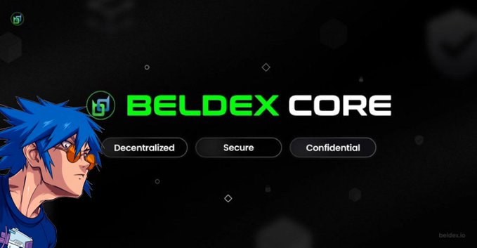 Beldex Core promotional graphic featuring a blue-haired character alongside the tagline "Decentralized, Secure, Confidential," which aligns with the post's discussion of Beldex's three-part approach to transaction privacy, including ring signatures that protect sender anonymity.