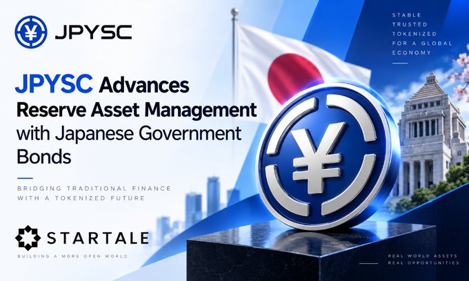 A promotional banner for "JPYSC" by Startale titled "JPYSC Advances Reserve Asset Management with Japanese Government Bonds," featuring the Japanese flag, a Yen coin, and the tagline "STABLE, TRUSTED, TOKENIZED FOR A GLOBAL ECONOMY."