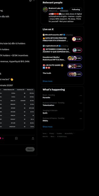 A dark mode X (Twitter) interface showing a sidebar with 'Live on X' streams (including 'Satoshi Masses NFT' and 'SATA BITCOIN PRINTER FIRES FOR 9TH STRAIGHT...'), 'Relevant people' featuring 'Brainrot Labs', and 'What's happening' trending topics like 'Karol G' and 'Tokenization'.